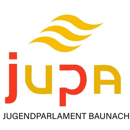 JUPA Schriftzug in den Farben Rot und Gelb im Wechsel.
Über dem Schriftzug befinden sich 3 Gelbe Wellen, diese symbolisieren die 3 Flüsse die durch Baunach fließen.